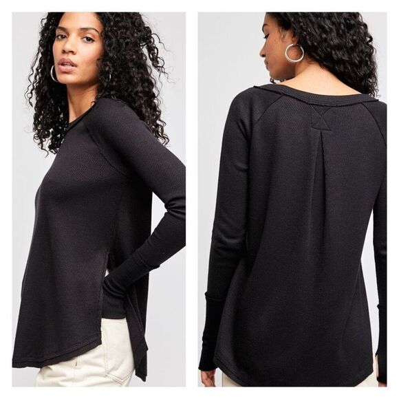 Free People Snowy Thermal Henley Top OB1170980 Long Sleeve Black XS Oversized - Picture 1 of 13
